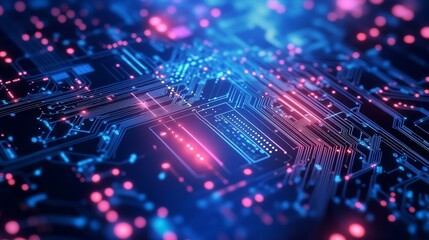 Obraz premium An abstract image of a complex circuit board with glowing digital lines and lights, symbolizing technology, innovation, connectivity, future, and progress.