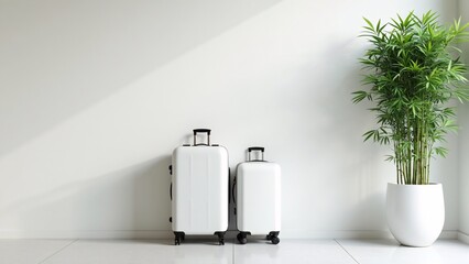 Minimalist White Suitcases with Bamboo Plant on Pristine White Wall Background