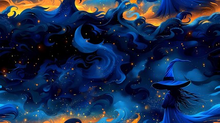 Naklejka premium A seamless cartoon pattern of witches with exaggerated hats and long flowing robes, flying through a sky filled with stars and swirling mist, on a dark purple background. --ar 16:9 --v 6.0 --tile