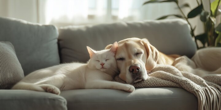 Relaxed cat and dog cuddling on a cozy grey sofa