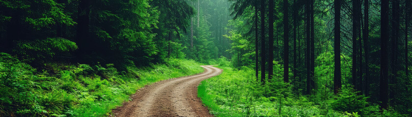 Fototapeta premium A serene dirt path winding through a lush green forest with towering trees, creating a peaceful and tranquil natural scene perfect for outdoor exploration.