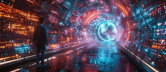 Fototapeta premium A woman stands in a futuristic digital tunnel surrounded by glowing data screens and neon lights. AI generated image