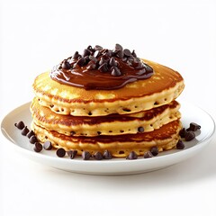 Pancakes with chocolate chips, melted chocolate spread, isolated on white background, deep brown and golden hues