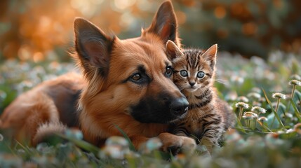 Naklejka premium Ginger dog and tabby kitten cuddling in a flowery meadow