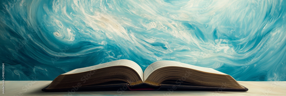 Poster an open book rests on a table, its pages blank and inviting. the background is a mesmerizing swirl o