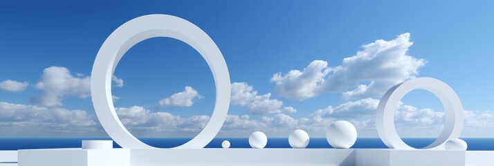 Modern abstract sculpture installation overlooking the ocean under a clear blue sky with fluffy clouds on a sunny day