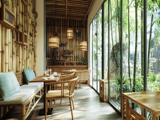 Fototapeta premium Modern Cozy Café Interior with Natural Greenery and Bamboo Design