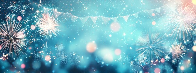 Fototapeta premium Sylvester fireworks on dark blue background with sparks, colorful images