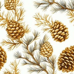 Illustration of pine branches and cones on a white background, perfect for holiday and seasonal-themed designs, greeting cards, gift wrap, and wallpaper,