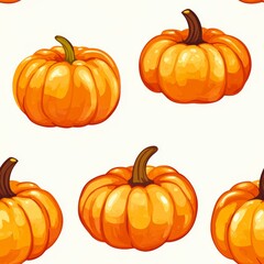 Seamless pattern of vibrant orange pumpkins on a light background, ideal for autumn, Halloween, or Thanksgiving-themed designs, fabrics, and web backgrounds,