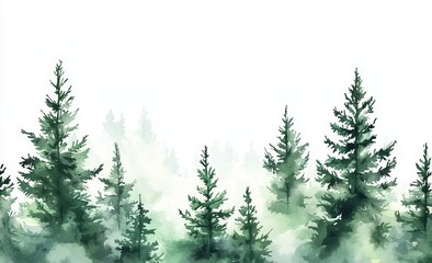 Watercolor coniferous forest illustration, spruce tree. Winter nature background, conifer, snow, outdoor, snowy rural landscape. Mysterious fir or pine trees for winter Christmas designs.