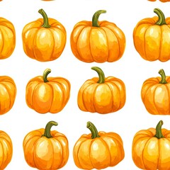 Seamless pattern of vivid orange pumpkins with green stems on a white background, perfect for fall-themed designs, Halloween decorations, and Thanksgiving marketing materials,