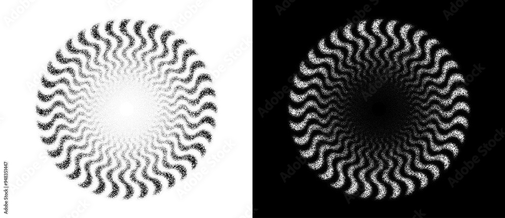 Poster Stipple circle as icon or background. Abstract vector circle with dots as logo or emblem. Black shape on a white background and the same white shape on the black side.