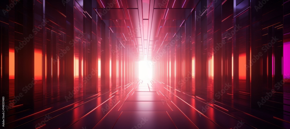 Poster a vibrant corridor of light with reflections and abstract shapes creating a futuristic atmosphere in