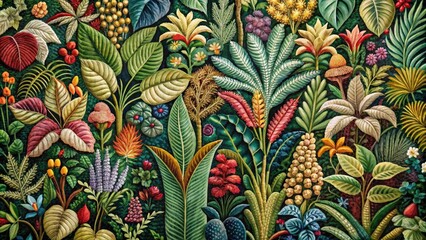 Fototapeta premium Botanical Tapestry: Intricate leaf patterns, floral motifs, lush textures, organic shapes, vibrant hues