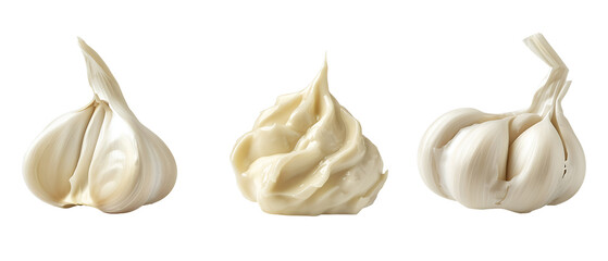 Fototapeta premium Three garlic bulbs, one whole, one minced, and one partially peeled.