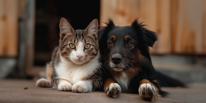 Tabby cat and mixed breed dog lying together peacefully