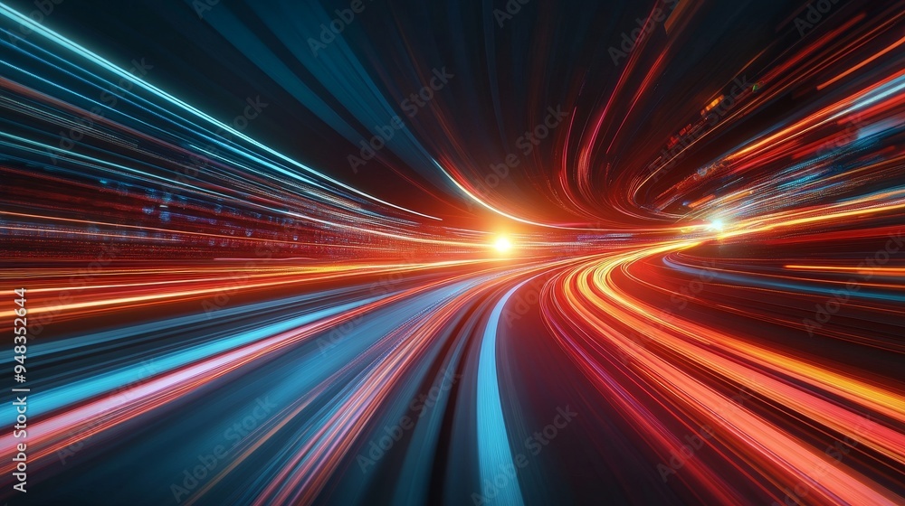 Poster this abstract image captures the essence of speed and movement with streaks of light in blue and red