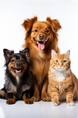 Fototapeta premium Happy dogs and a cat sit together, showcasing their friendship and joy against a clean white background in a bright studio setting