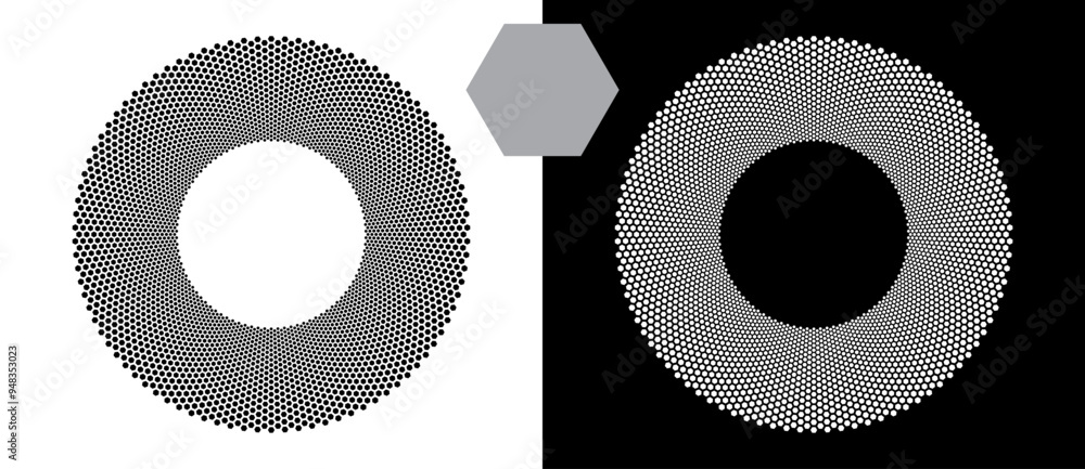 Poster halftone round as icon or background. abstract vector circle with hexagons as logo or emblem. black 