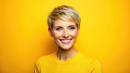 Brightly smiling woman with short hair and warm golden skin tone poses against a vibrant yellow background, exuding confidence and friendliness.