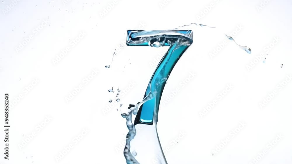 Poster liquid water flowing over the number seven in a bright setting generative ai
