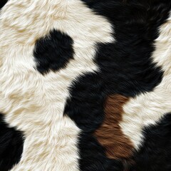 A close-up of a tricolor cowhide pattern featuring black, white, and brown patches suitable for backgrounds, textiles, and decor themes emphasizing rustic and natural aesthetics,