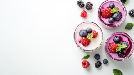 Three dessert cups with mixed berries and mint leaves on a white background.