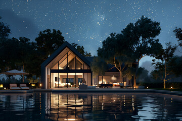 Fototapeta premium Beautiful modern wooden cottage villa by a lake surrounded by trees in the mountains, Minimal style ,The clear summer night sky adds to the magical atmosphere, making it a dream home for anyone