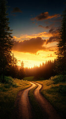 Obraz premium A serene winding path through a forest at sunset, with vibrant clouds and golden light illuminating the trees and lush greenery.