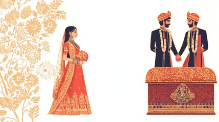 This  illustration depicts a traditional Indian wedding ceremony with the bride in a red and gold saree, the grooms in blue and gold sherwanis, and intricate floral patterns. The image symbolizes love