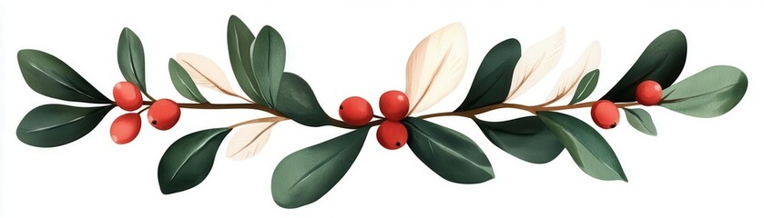 Obraz premium Boho Christmas mistletoe clipart, decorated with feathers, watercolor illustration, earthy tones, isolated on white background
