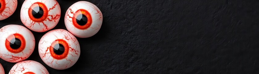 Creepy candy eyeballs, scattered on dark surface, 3D illustration