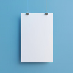 Mock up, White poster hanging on a small clip, clean green wall background