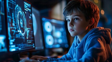 A child cybersecurity expert setting up a firewall, with digital security protocols and alert systems in place