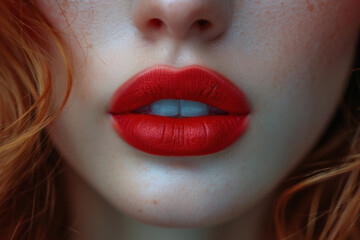 Close-up of perfectly applied red lipstick on elegant young model with wavy red hair