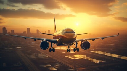 Fototapeta premium Airplane approaching the airport during sunset over a city skyline with vibrant colors in the evening sky