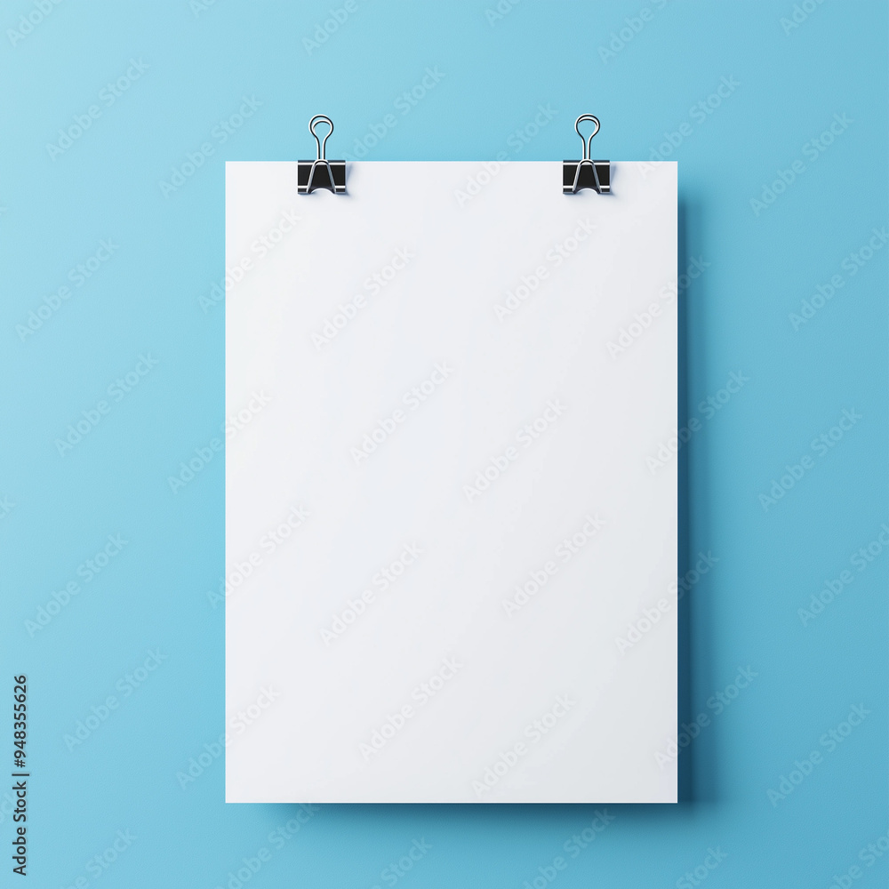 Wall mural mock up, white poster hanging on a small clip, clean green wall background