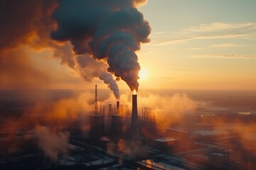 Sunrise over a power plant with smoke rising from stacks, showcasing industrial activity in a rural landscape