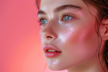 Model displays a radiant beauty look with luminous skin, blush, and glossy lips, set against a soft pink background