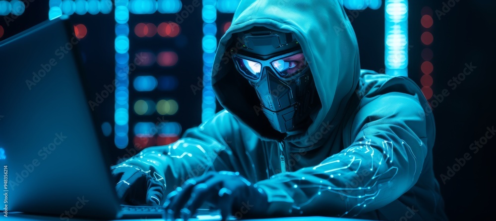 Poster mysterious figure in a hoodie works intently at a glowing laptop in a dimly lit tech environment sur
