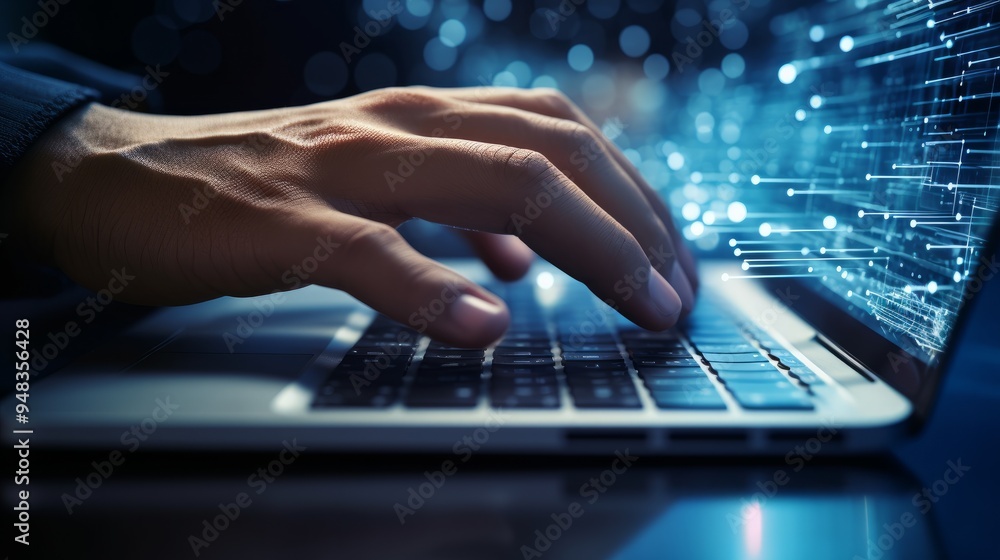 Poster a person typing on a laptop keyboard in a dimly lit room with digital graphics projected in the back