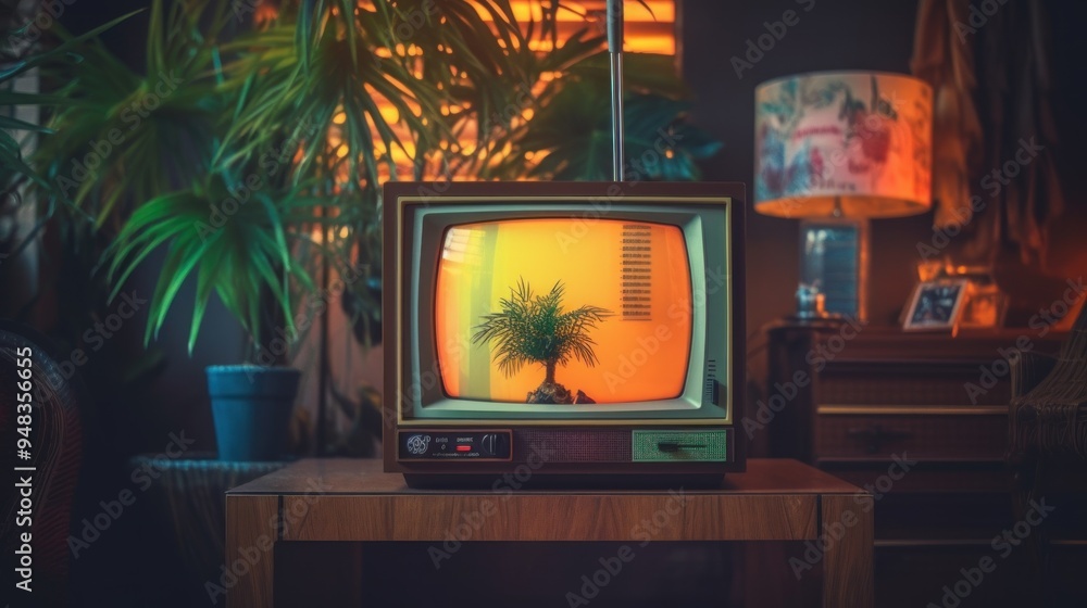 Wall mural Vintage Television with Palm Tree on Screen