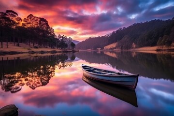 Obraz premium Tranquil sunset over a still lake with a lone boat reflecting vibrant colors in serene surroundings