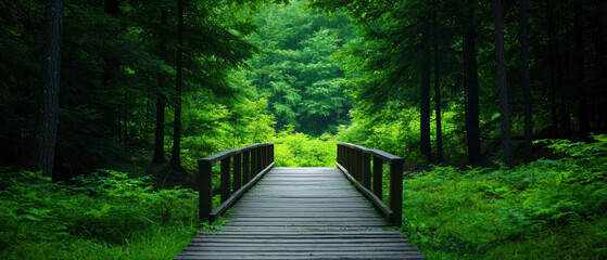 Fototapeta premium A serene wooden bridge in a lush green forest, surrounded by dense trees. A peaceful and tranquil natural landscape.