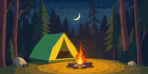 vector illustration of camping tent and bonfire in the woods at night. Camp fire vector illustration. © Sakib
