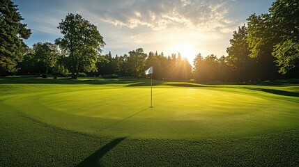 A bright day on a golf course, showcasing a well-maintained green with a flagstick and hole, framed by trees in the distance