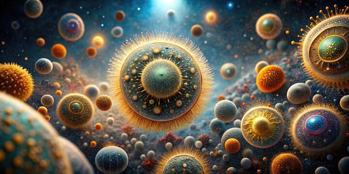 Celestial Codex: Microscopic bacteria resembling celestial bodies, with shimmering halos and extraterrestrial textures.