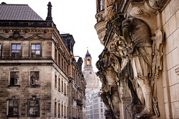 A look at the tower and main dome of the Frauenkirche, Church of Our Lady, in Dresden from the...