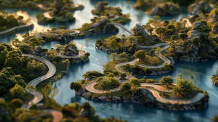 Fototapeta premium Scenic aerial view of winding road through lush green islands and water in misty landscape.